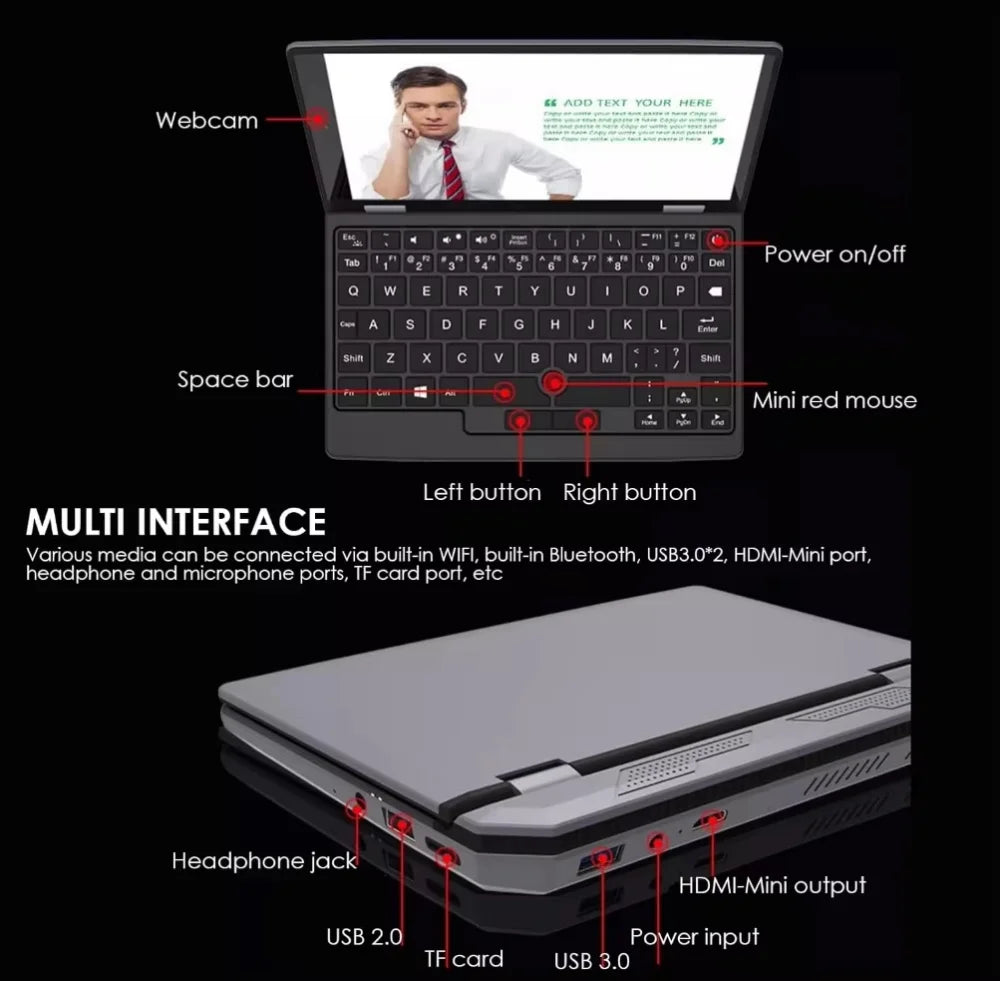 7 inch Pocket Laptop N95 Notebook Touch Screen Portable Netbook Win 11 Pro 8GB 16GB+1TB Mini PC Micro Computer Bluetooth 4.2