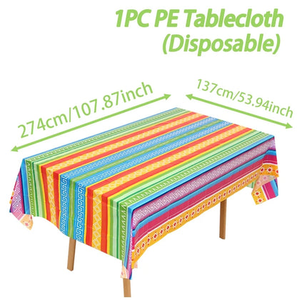 Mexican Stripes Plastic Tablecloth Holiday Party Decor Day of The Dead Waterproof Rectangle Tablecloth Mexican Fiesta Decoration