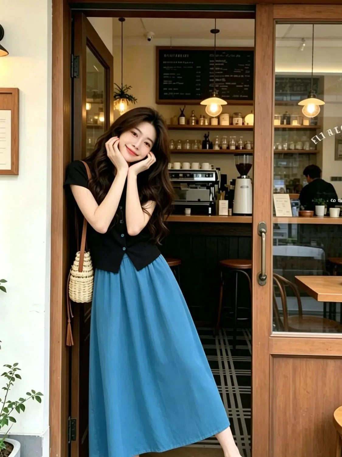 Women High Waist Elastic Waist Midi Skirt Flowy A Line Loose Long Casual Skirt