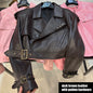 YOLOAgain Wide Shoulder Real Leather Jacket Women Oversized Genuine Leather Cropped Jacket