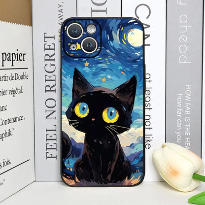 Artistic Black Cat Starry Night Phone Case For iPhone 17 16 15 14 13 12 Pro Max Mini 7 8 SE Plus Couple Cover Soft Shell Fundas