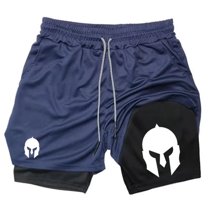 Men's Spartan Helmet Print Double Layer Gym Shorts, 2-in-1 Athletic Workout Running Casual Streetwear Short Pants WX099