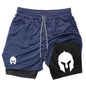 Men's Spartan Helmet Print Double Layer Gym Shorts, 2-in-1 Athletic Workout Running Casual Streetwear Short Pants WX099