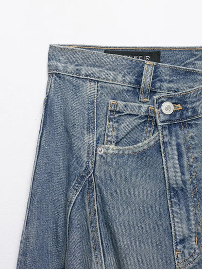 Women'sAsymmetric Denim Skirt New Spring Casual Mid Waist Pocket Women Lace Skirts Fashion Female Chic Skirts