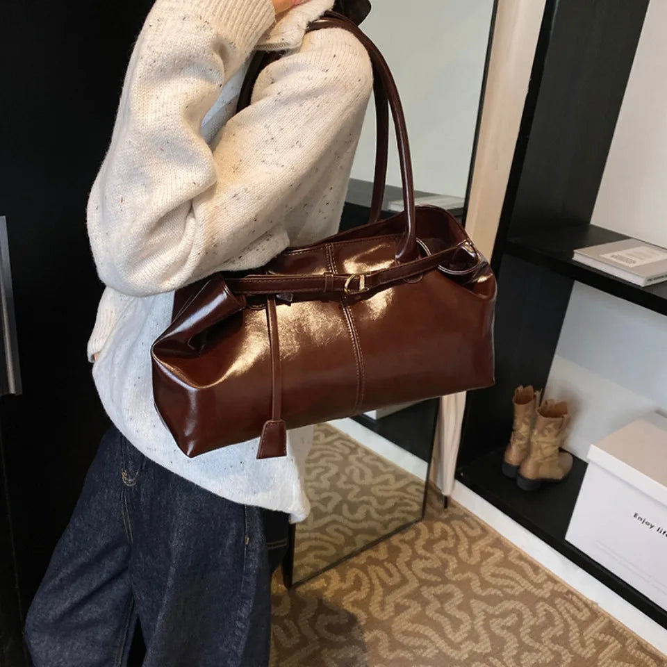 Oil PU Leather Hobo Handbag Slouchy Shoulder Bag Retro Top-Handle Bag Large Work Bags for Women Gilrls Tote Work Shopping Travel