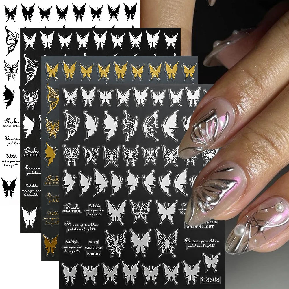 4pcs/set Roman Letters Nail Stickers 3D Black/White/Gold/Silver Alphabet Adhesive Nail Decasl English Letters DIY Manicure Decor