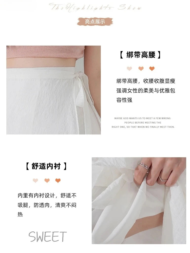 Chic Korea Clothes Summer Women Cute Sweet GIrls Solid Robe Holiday Date High Waist Retro Vintage Wrap One-Piece Lace-Up Skirts