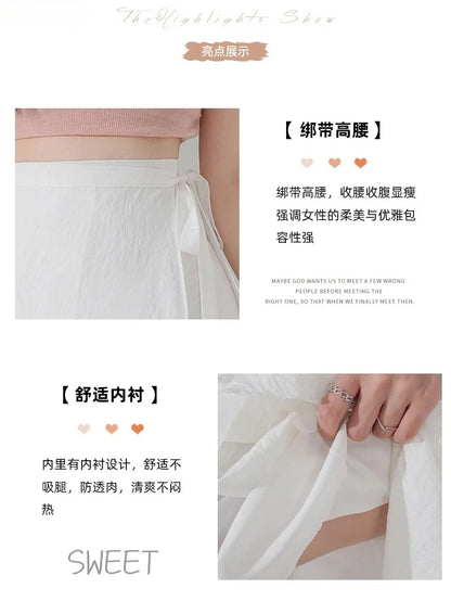 Chic Korea Clothes Summer Women Cute Sweet GIrls Solid Robe Holiday Date High Waist Retro Vintage Wrap One-Piece Lace-Up Skirts