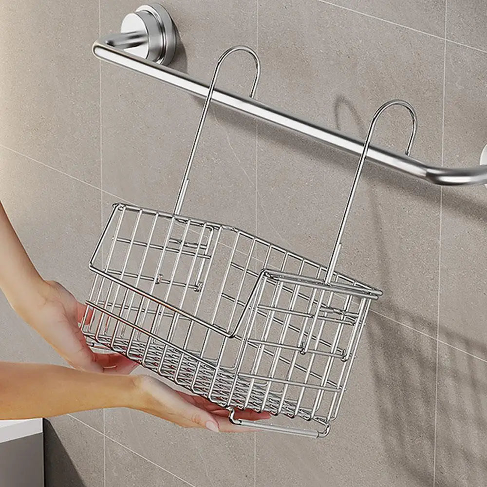 Stainless Steel Bathroom Shelf No-Drill Shower Holder Hanging Organizer Tall-Rail Shower Storage Rack Shower Basket With Hooks