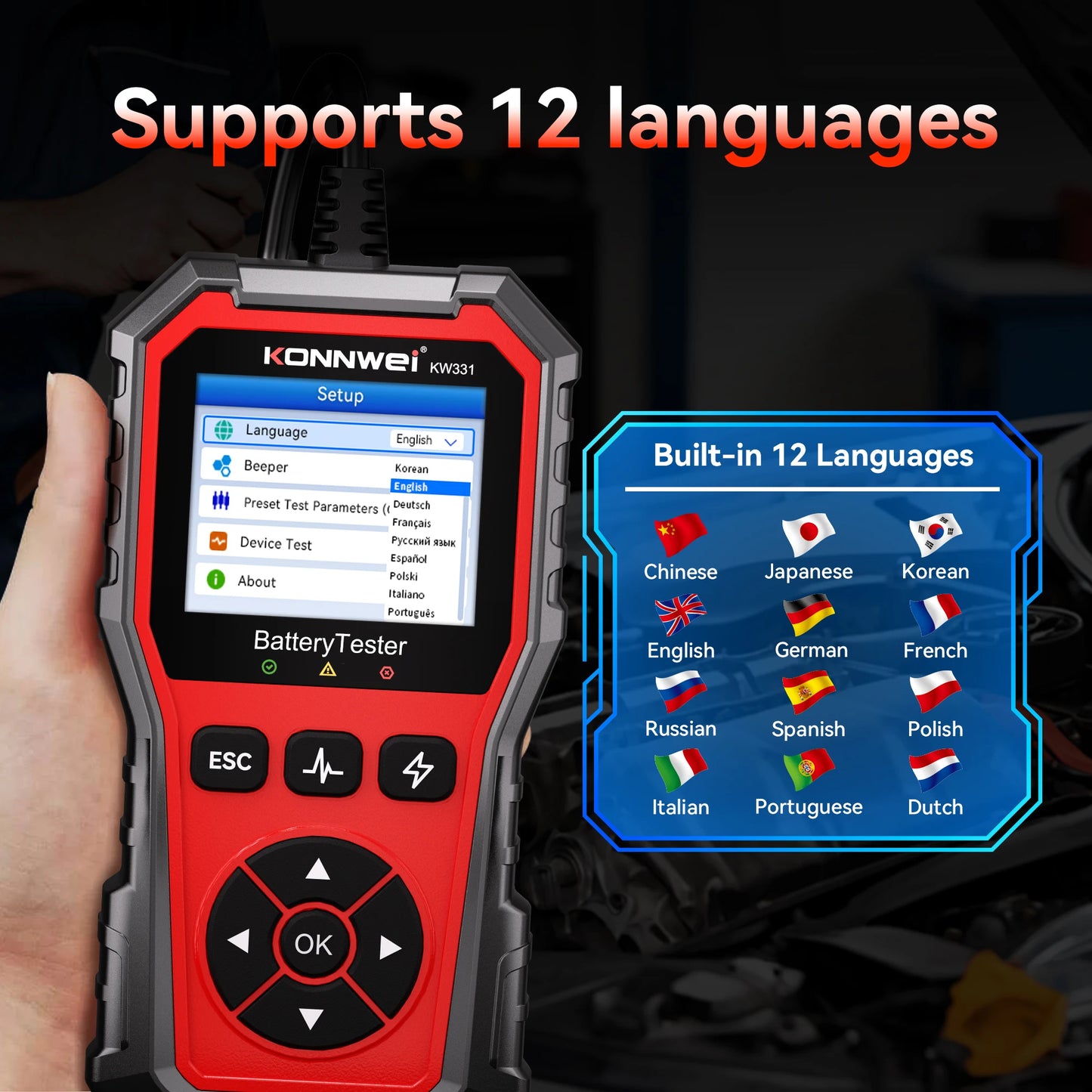 2025 KONNWEi Car Battery Tester Fault Code Clearance Battery Information Monitoring Startup Test Car Battery Charging Scan Tool