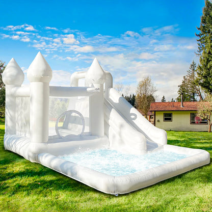 Commercial Grade White Inflatable Bounce House with Slide and Splash Pool, PVC Wet Dry Bouncy Castle for Wedding Party Rental
