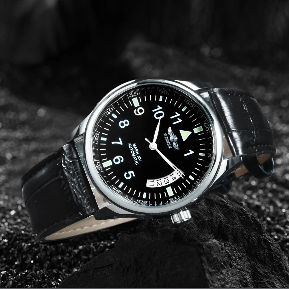 WINNER Business Automatic Watch for Men Calendar Window Fashion Black Dial Fashion Leather Strap Luxury Brand Mechanical Watches