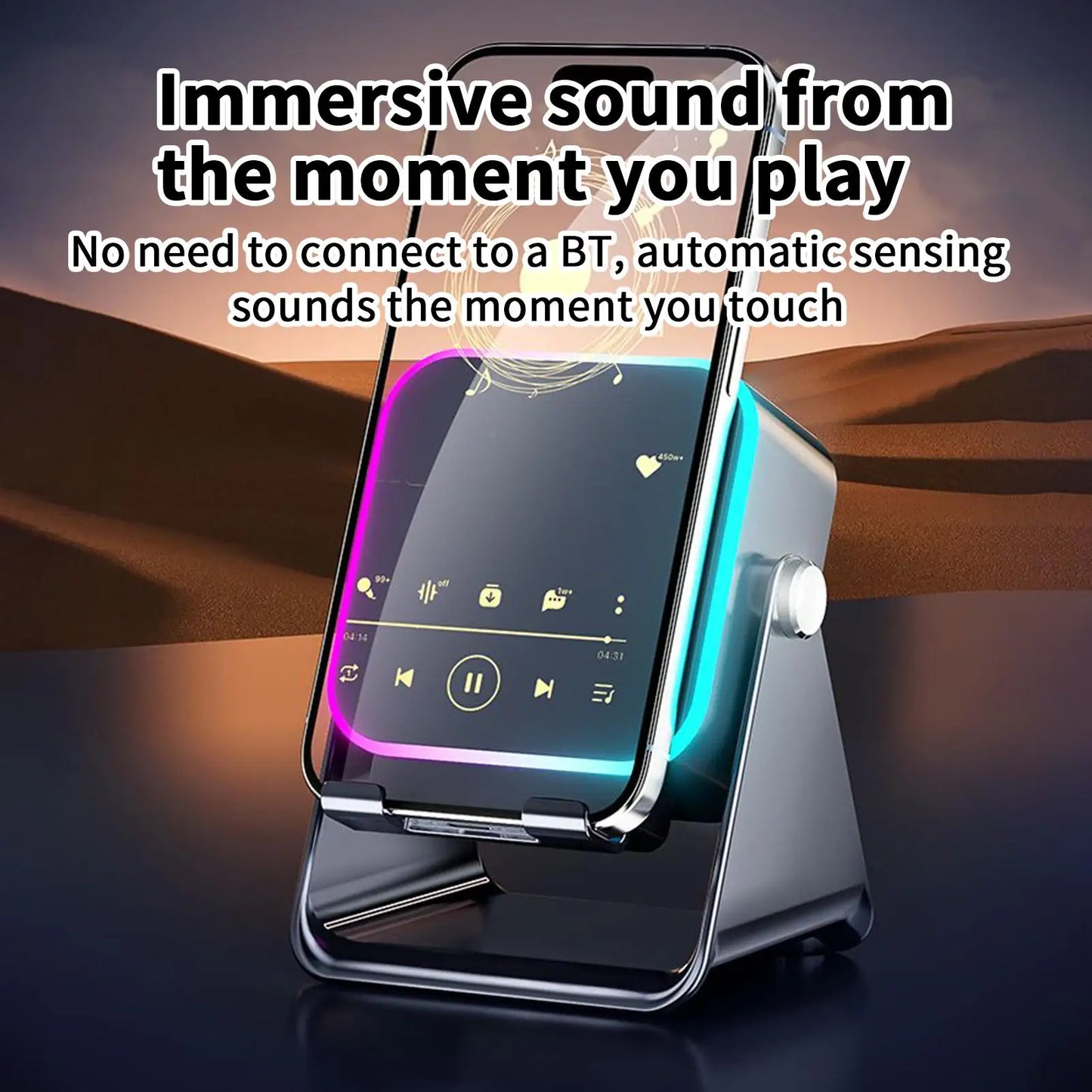 Upgraded Folding Phone Holder With Induction Speaker & Light, 10W Portable Audio Bracket For Desk, Home, Office, Travel Decor