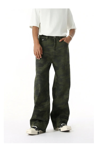2025 Four Seasons Men's Youth Popular Multi color Pattern Camouflage Pants Basic Versatile Straight Wash Casual Cowboy Pants
