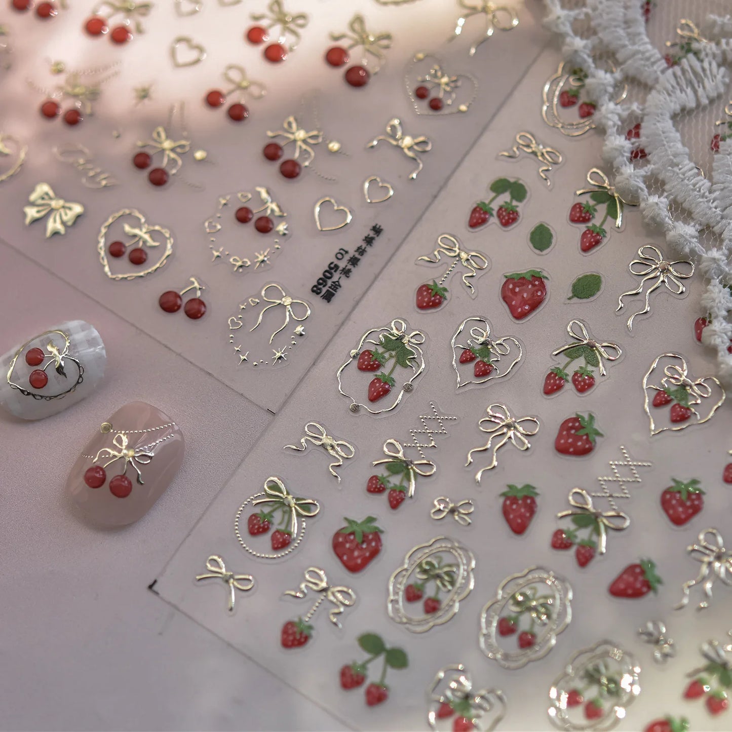 Lovely Red Fruit Strawberry Cherry Bowknot Love Heart Star Silk Ribbon 5D Nail Art Stickers Chic Self Adhesive Manicure Decal