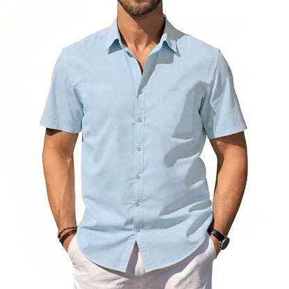 Men's Cotton Linen Shirt Summer Short Sleeve Button Up Hawaiian Lightweight Shirts Vacation Casual Lapel Collar Tops