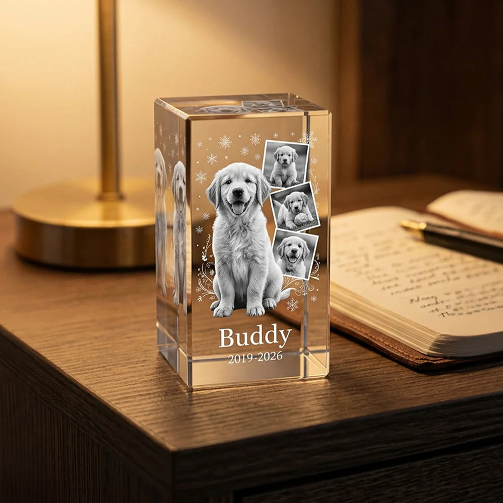Personalized Custom Pet Memorial Crystal Block,Photo Collage,2D Laser Etched,Pet Loss Gift,Non-Fading Engraving,Tabletop Display