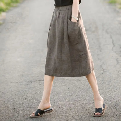 New Cotton and Hemp Half Length Skirt for Women in Summer, A-line Medium Length Skirt, High Waist, Loose Elastic Waist Skirt