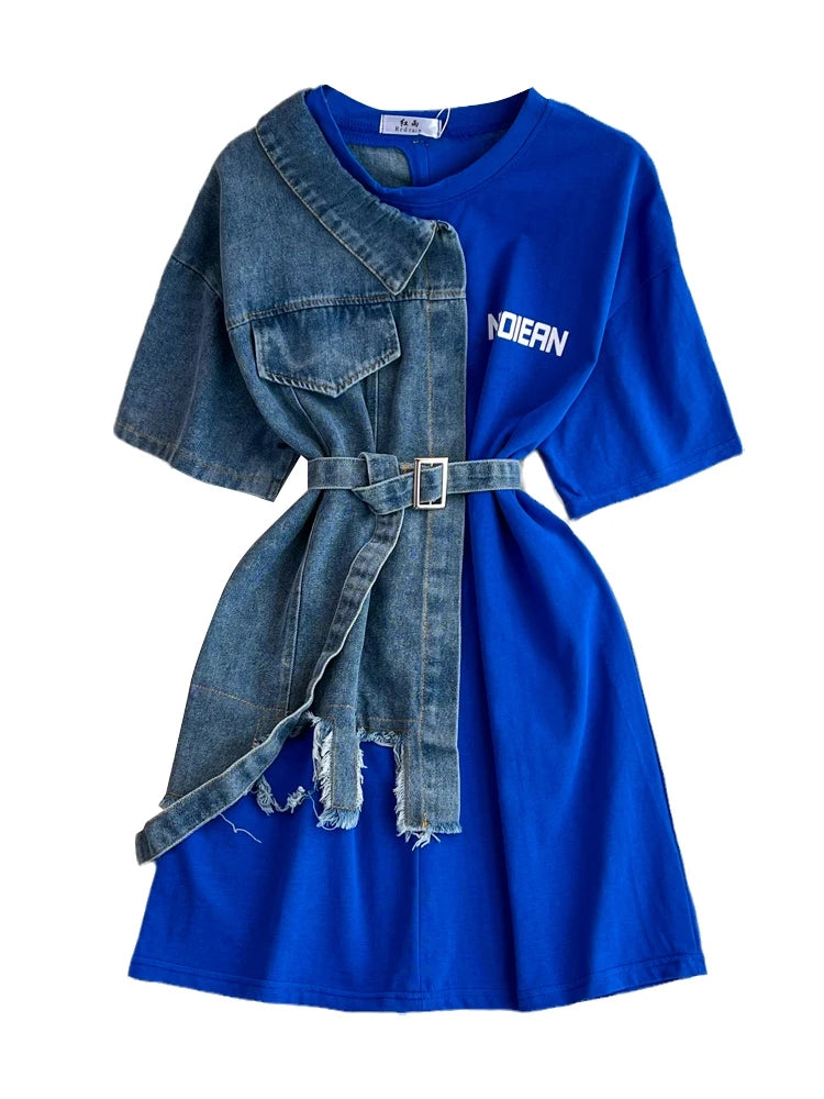 Retro Hong Kong Sle Chic Casual Mid-Length round Ne Patchwork Color Denim irt with Belt Spring New Women's Faion Top