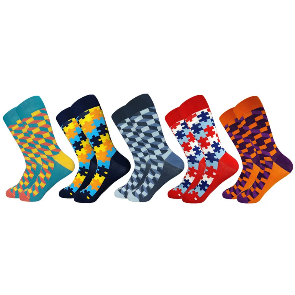 5 Pairs Novelty Men's Cotton Colorful Pattern Funny Fashion Happy Crew Dress Socks