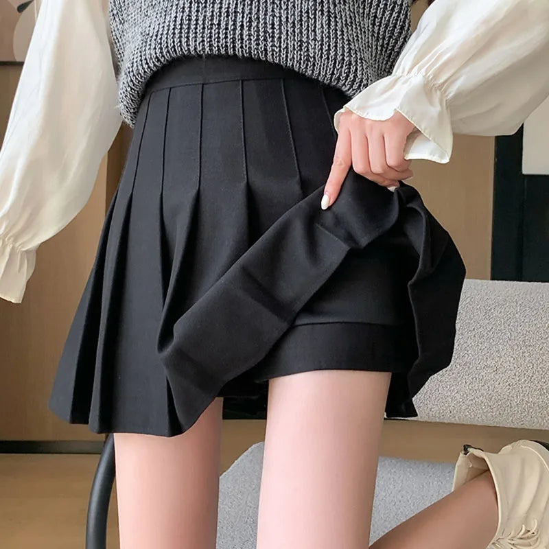 Autumn Winter Woolen Pleated Skirts Women New Korean High Waist Slimming Mini Skirt Ladies Preppy Style Side Zipper A-Line Skirt