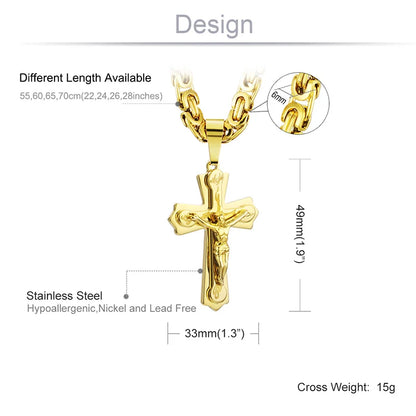 Diyalo Religious Jesus Cross Necklace Men Stainless Steel Crucifix Pendant with Byzantine Chain Necklaces Male Necklace Jewelry