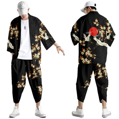 Large Size 5XL 6XL Japanese Kimono Cardigan Pants Set Print Fox Men Women Shirt Tradition Yukata Haori Obi Cosplay Costume