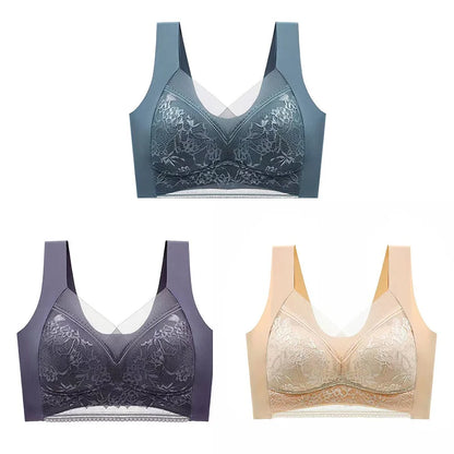 3Pcs Women Lace Bra Perspective Push Up Ice Silk Deep V Bralette Bra Sexy Lingerie Tops Plus Size Cup Mom's underwear L-5XL