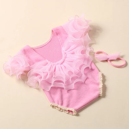 Ylsteed 2 Pieces Set Beige Newborn Photography Costume Lace Romper Bow Headband Set Baby Girl Photo Shooting Outfits