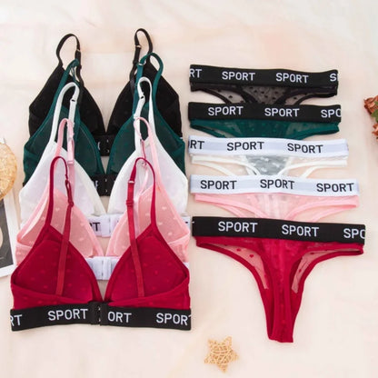 Women Lace Bra And Panties Set Sheer Polka Dot Sexy Lingerie Non-wire Bralette Low Rise Thong Letter Band Mesh Underwear Set