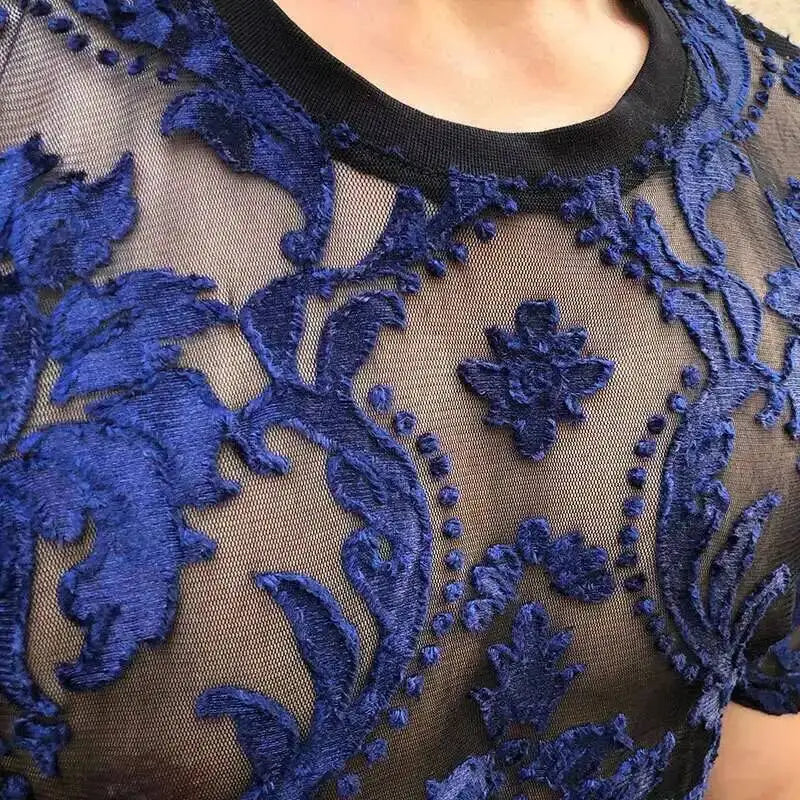 Sexy Round Neck T Shirt Soft Velvet Slim Men Clothing Nightclub Short-sleeved Top Quality Transparent Floral T Shirt See Through
