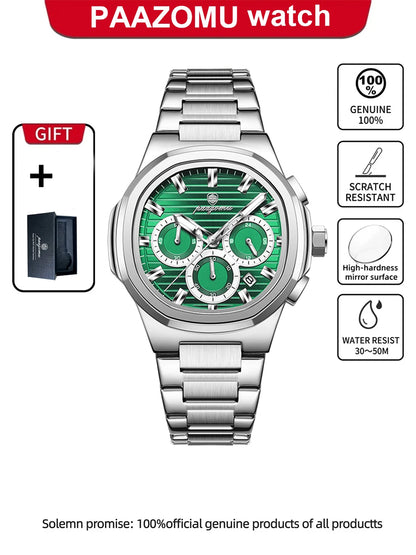 PAAZOMU Fashion Brand Man Wristwatch Waterproof Stainless Steel Luminous Men Watch Chronograph Date Luxury Quartz Men's Watches