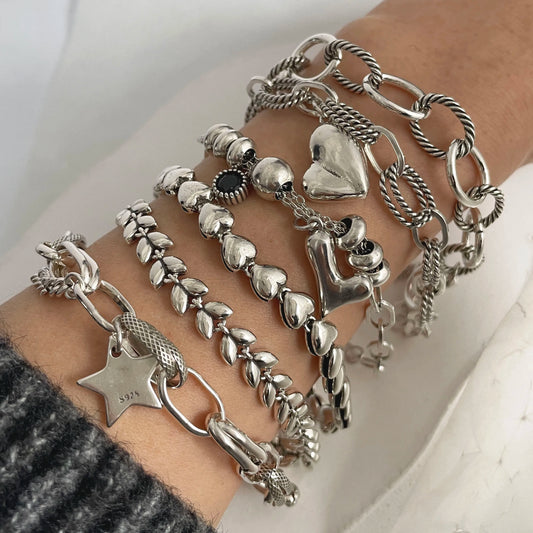 100% Solid 925 Sterling Silver Metal Bracelet for Women Vintage Handmade Simple Retro Heart Chain Bracelet Birthday Gift Party