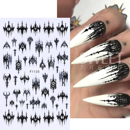 7/8pcs 3D Gothic Black Halloween Nail Stickers Cool Design Alphabet Letter Lace Castle Skull Y2K Manicure Decoration Accessories