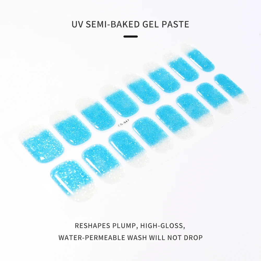 16Tips UV Semi-Cured Gel Nail Wraps Sticker 5D Pure Color Full Cover UV Lamp Gel Sticker Long-Lasting Nail Extension Patch Strip