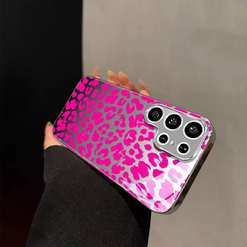 Gold-plated Tempered Glass Phone Case, Compatible Galaxy S26 S25 S24 S23 S22 Ultra Plus. Features a Pink Leopard Print Design.
