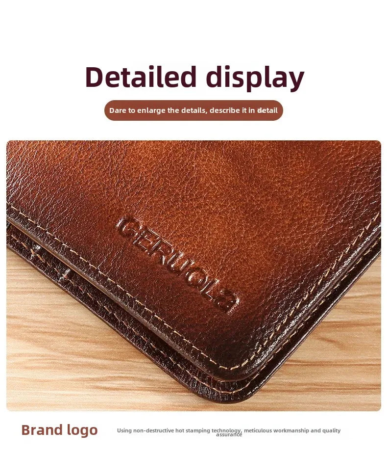 Men Wallet Genuine Leather Rfid Blocking Trifold Wallet Vintage Thin Short Multi Function ID Credit Card Holder Male Purse Money