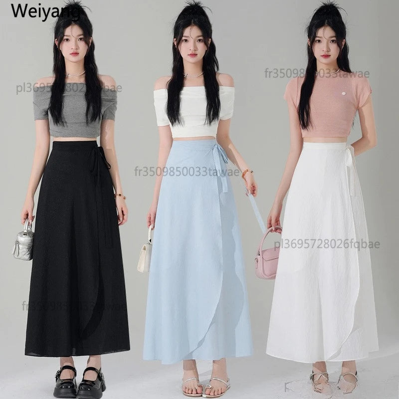 Chic Korea Clothes Summer Women Cute Sweet GIrls Solid Robe Holiday Date High Waist Retro Vintage Wrap One-Piece Lace-Up Skirts