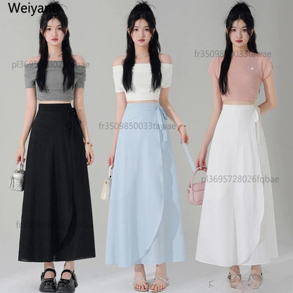 Chic Korea Clothes Summer Women Cute Sweet GIrls Solid Robe Holiday Date High Waist Retro Vintage Wrap One-Piece Lace-Up Skirts
