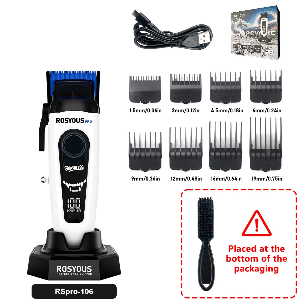 ROSYOUS Professional Hair Clipper DLC Blade 8000RPM Brushless Motor with Base Charger LED Display Hair Cutting Machine for Men