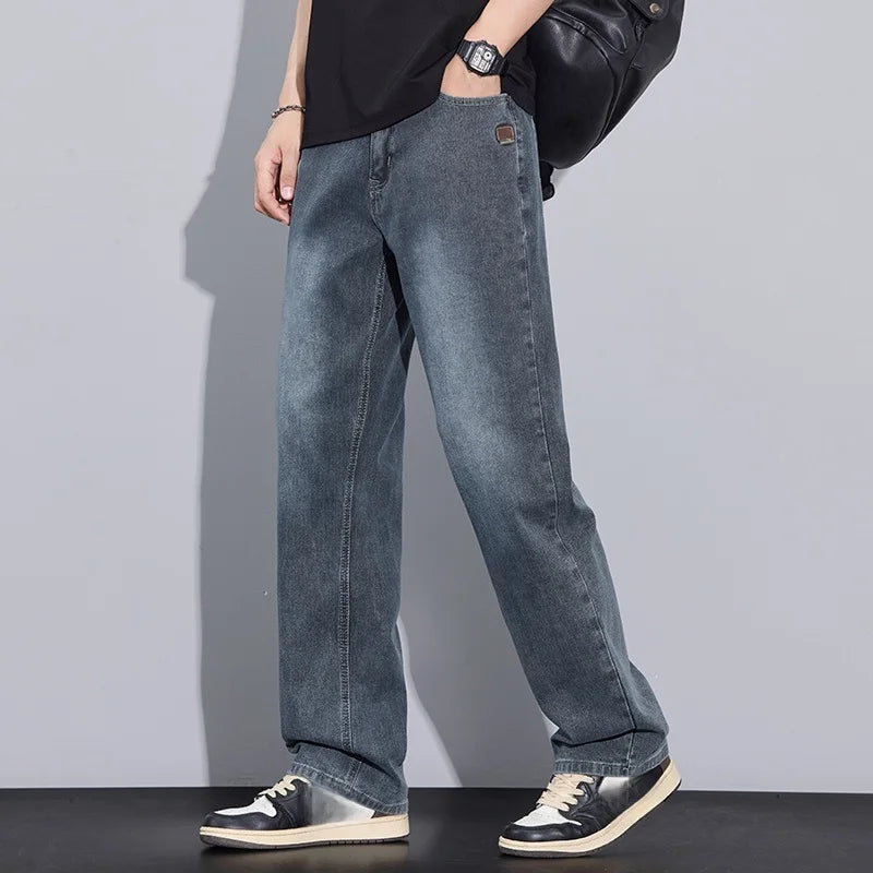 New Arrival American Vintage Wide Leg Elastic Denim Pants for Men Loose Straight Fit Flowy Versatile Casual Pants