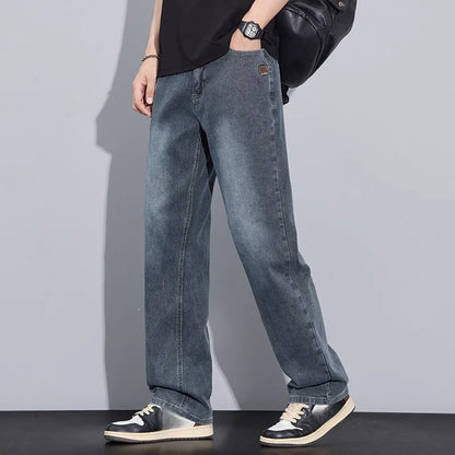 New Arrival American Vintage Wide Leg Elastic Denim Pants for Men Loose Straight Fit Flowy Versatile Casual Pants