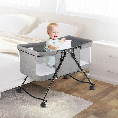 Portable baby bed foldable travel cradle with net and 0-2 year old universal wheel 60KG gray 106*92*55cm