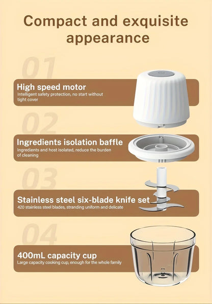 400ML Electric Food Chopper ，6 Blades Garlic Grinder Mini Vegetable Chopper，USB Portable Veggie Chopper，Garlic Mincer