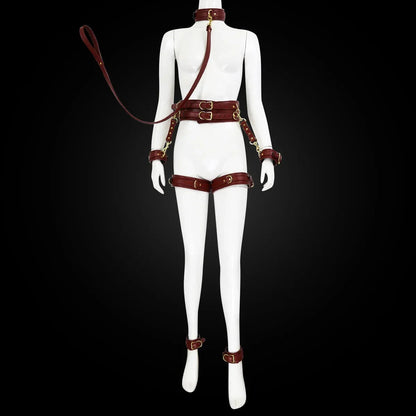 Professional BDSM Red Leather Harness Set Collar Handcuffs Restraint Kit for Women Slave Role Play Fetish Gear Adult Game Toy