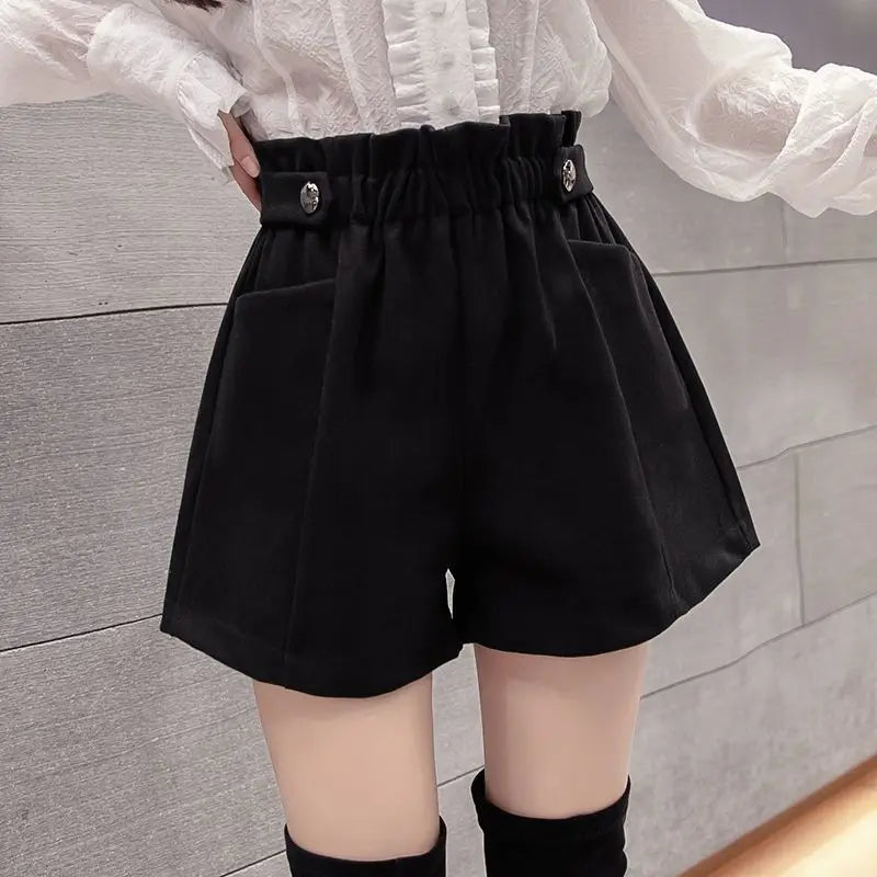 Black Woolen Shorts Women Chic Folds High Waist Design Loose Autumn Winter College Vintage Streetwear Lovely Female Classy Basic