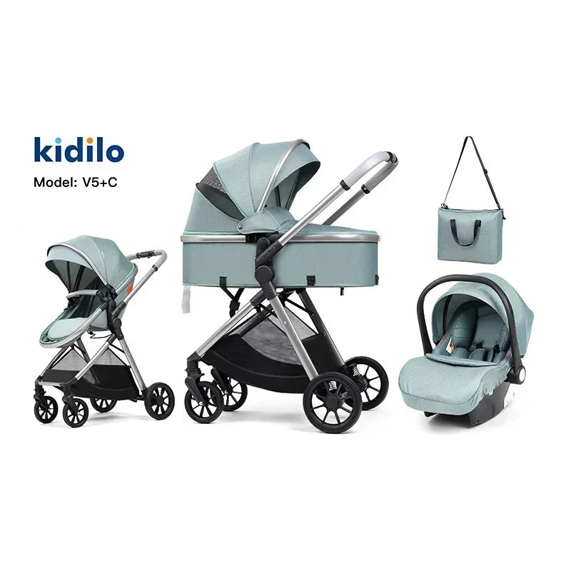 3-in-1 baby stroller, high landscape stroller, equipped with car seat, mom bag, one click folding, can sit and lie down