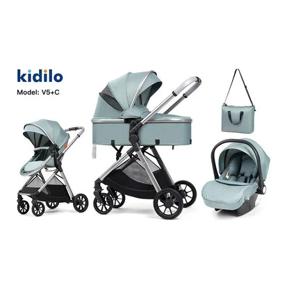 3-in-1 baby stroller, high landscape stroller, equipped with car seat, mom bag, one click folding, can sit and lie down