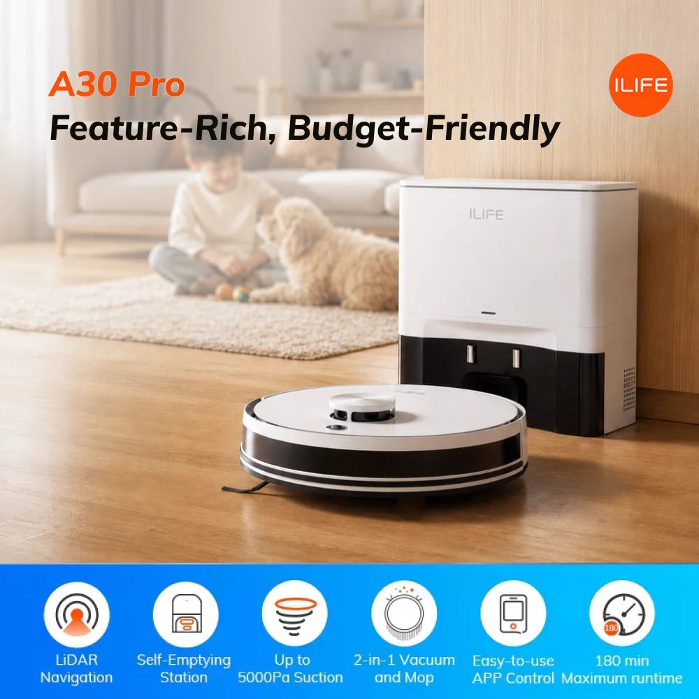 ILIFE A30 Pro Robot Vacuum Cleaner with Automatic Self-Emptying Station, 5000Pa Strong Suction, LDS Navigation, 180min Runtime, 2-in-1 Mop and Sweep, APP Control  ,Home Floor Carpet Clean