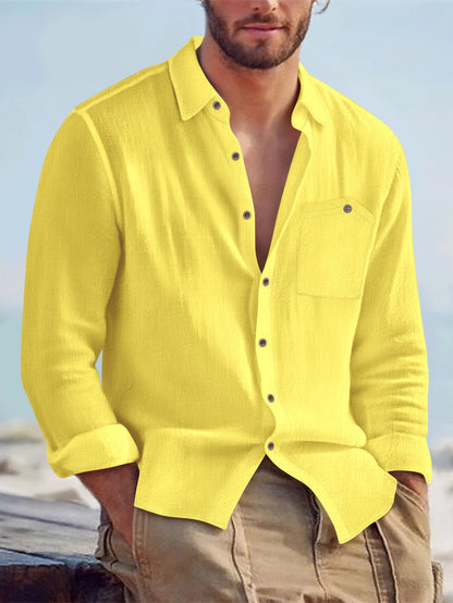 2025 Autumn New Men's Cotton and Hemp Long Sleeve Shirt Loose Casual with Pocket Collar Shirt